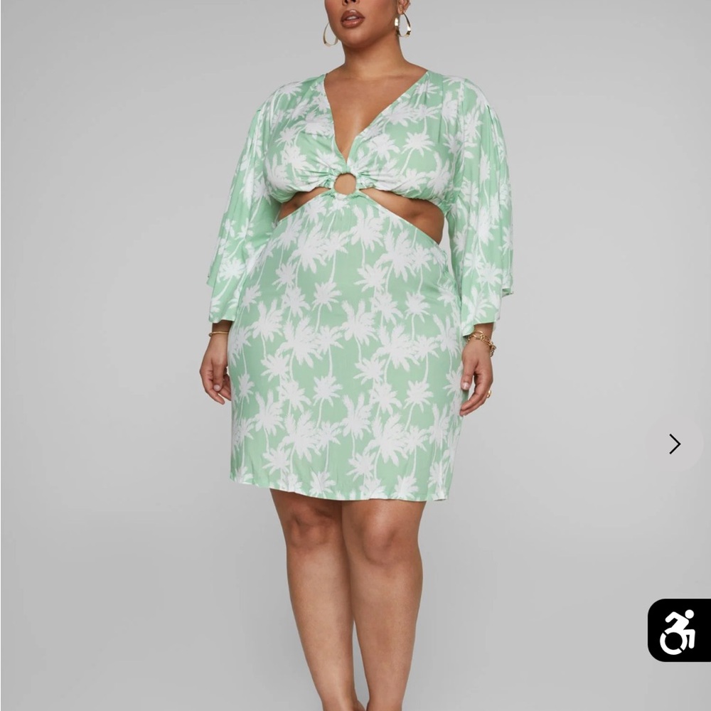 Green Palm Print Cutout Swim Dress
